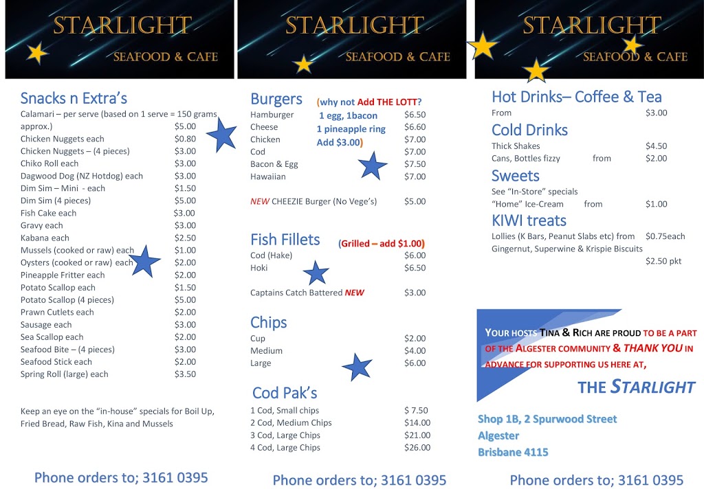 Starlight Seafood & Cafe | restaurant | 2 Spurwood St, Algester QLD 4115, Australia | 0731610395 OR +61 7 3161 0395