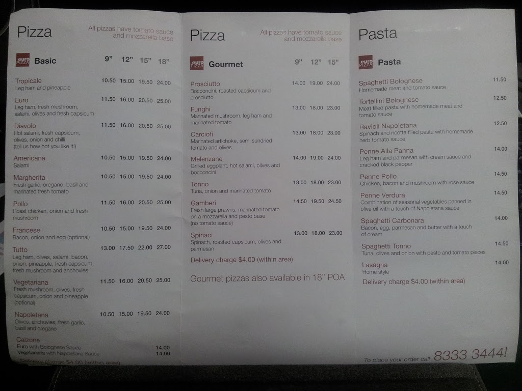 euro PIZZA & ESPRESSO | meal delivery | 462 Kensington Rd, Wattle Park SA 5066, Australia | 0883333444 OR +61 8 8333 3444