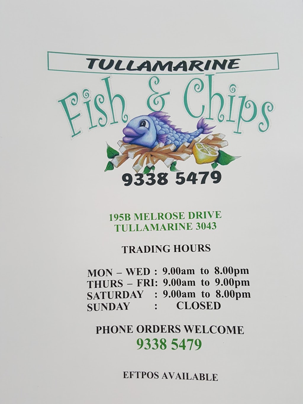 Tullamarine Fish & Chips | restaurant | 195B Melrose Dr, Tullamarine VIC 3043, Australia | 0393385479 OR +61 3 9338 5479