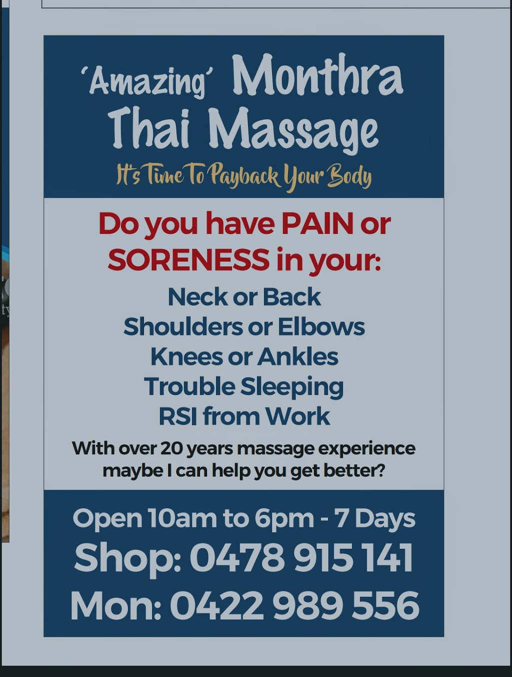 Monthra Thai massage in Mooloolaba | health | 112 Jones Rd, Buderim QLD 4556, Australia | 0478915141 OR +61 478 915 141