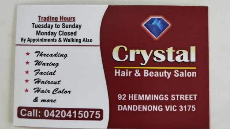 Crystal hair and beauty salon. | 92 Hemmings St, Dandenong VIC 3175, Australia | Phone: 0420 415 075