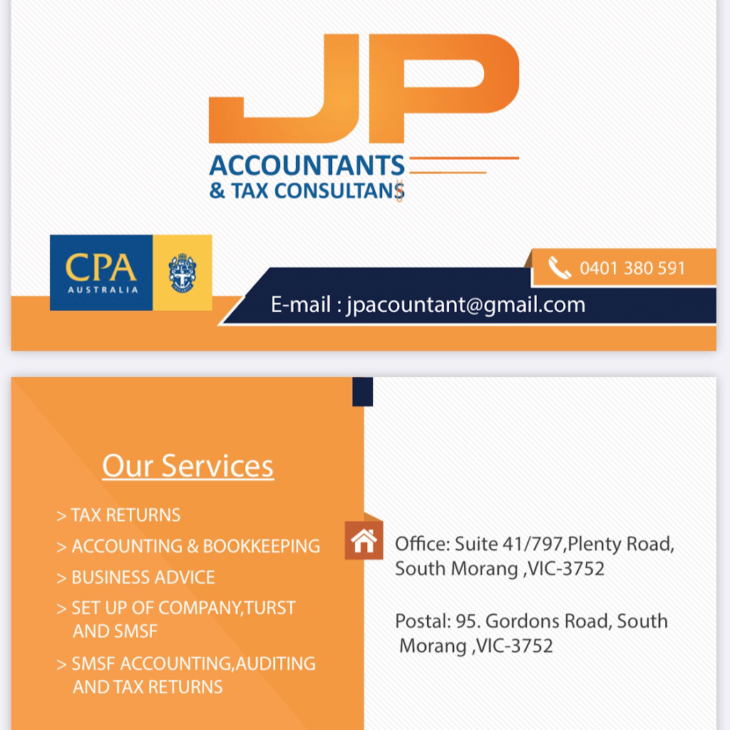 JP Accountants and tax consultants | accounting | 95 Gordons Rd, South Morang VIC 3752, Australia | 0401380591 OR +61 401 380 591