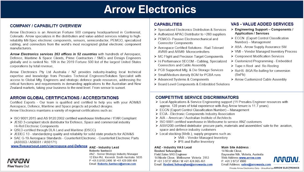 Arrow Electronics Australia Pty Ltd |  | 14 Nicole Cl, Bayswater North VIC 3153, Australia | 0397374900 OR +61 3 9737 4900