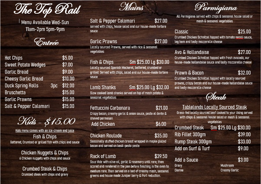 The Top Rail | restaurant | 8 Catherine St, Malanda QLD 4885, Australia | 0740966399 OR +61 7 4096 6399