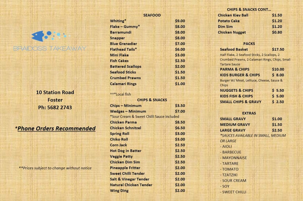 Braidoss Takeaway | restaurant | 10 Station Rd, Foster VIC 3960, Australia | 0356822743 OR +61 3 5682 2743