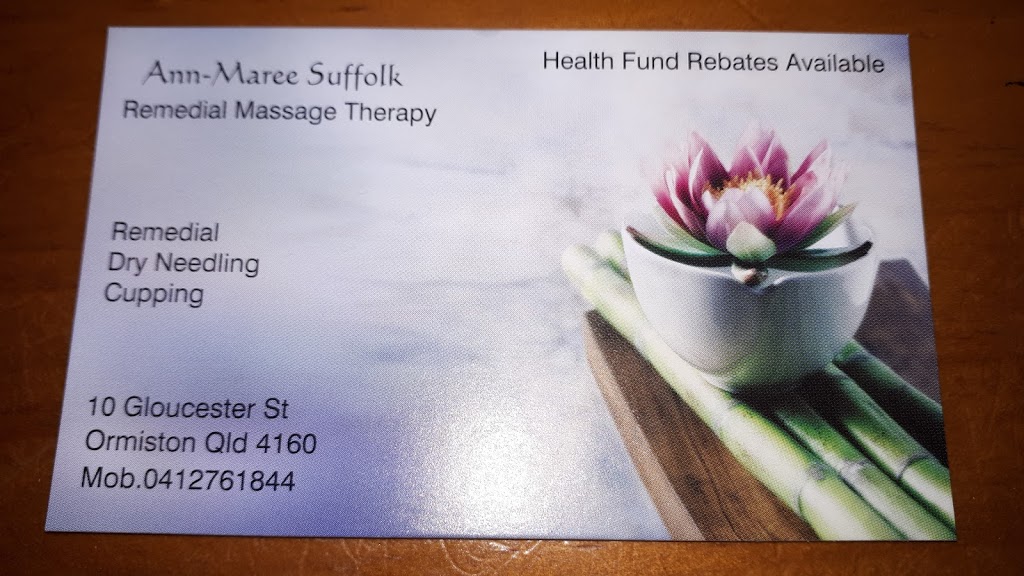 Ann-Maree Suffolk Remedial Massage | 10 Gloucester St, Ormiston QLD 4160, Australia | Phone: 0412 761 844