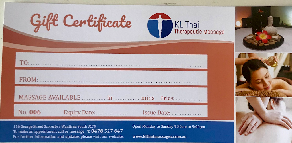 KL Thai Therapeutic Massage |  | 116 George St, Scoresby VIC 3179, Australia | 0478527647 OR +61 478 527 647