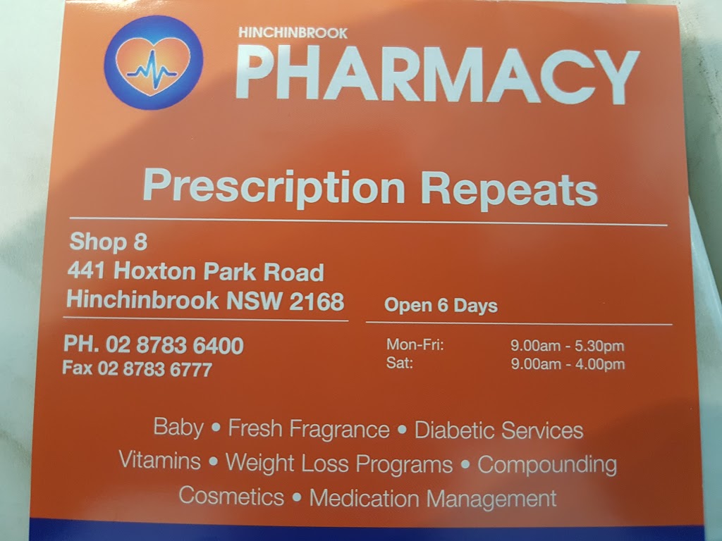 Hinchinbrook Pharmacy | pharmacy | Shop 8/441 Hoxton Park Rd, Hinchinbrook NSW 2168, Australia | 0287836400 OR +61 2 8783 6400
