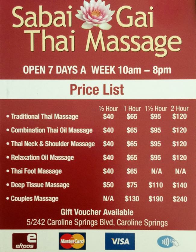 Sabai Gai Thai Massage | spa | 5/242 Caroline Springs Blvd, Caroline Springs VIC 3023, Australia | 0383726744 OR +61 3 8372 6744