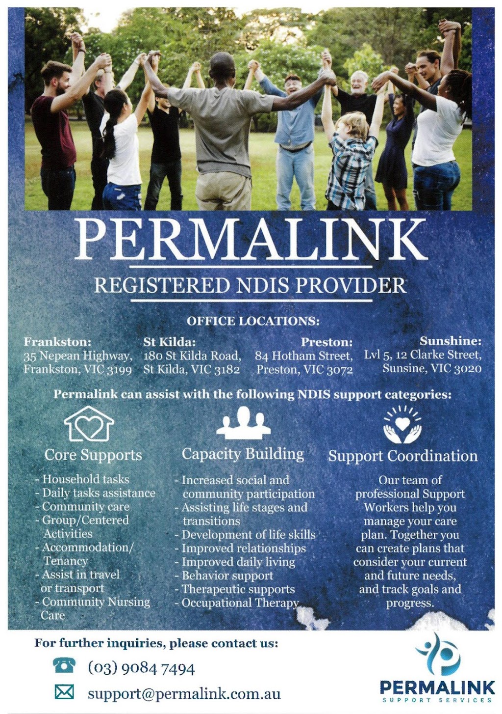 Permalink Support Services |  | 164 Rosebank Ave, Clayton South VIC 3169, Australia | 0390847494 OR +61 3 9084 7494