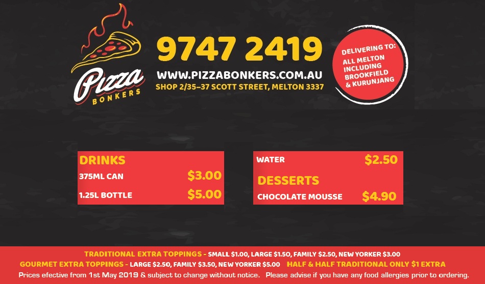 Pizza Bonkers | meal delivery | Shop 2/35-37 Scott St, Melton VIC 3337, Australia | 0397472419 OR +61 3 9747 2419