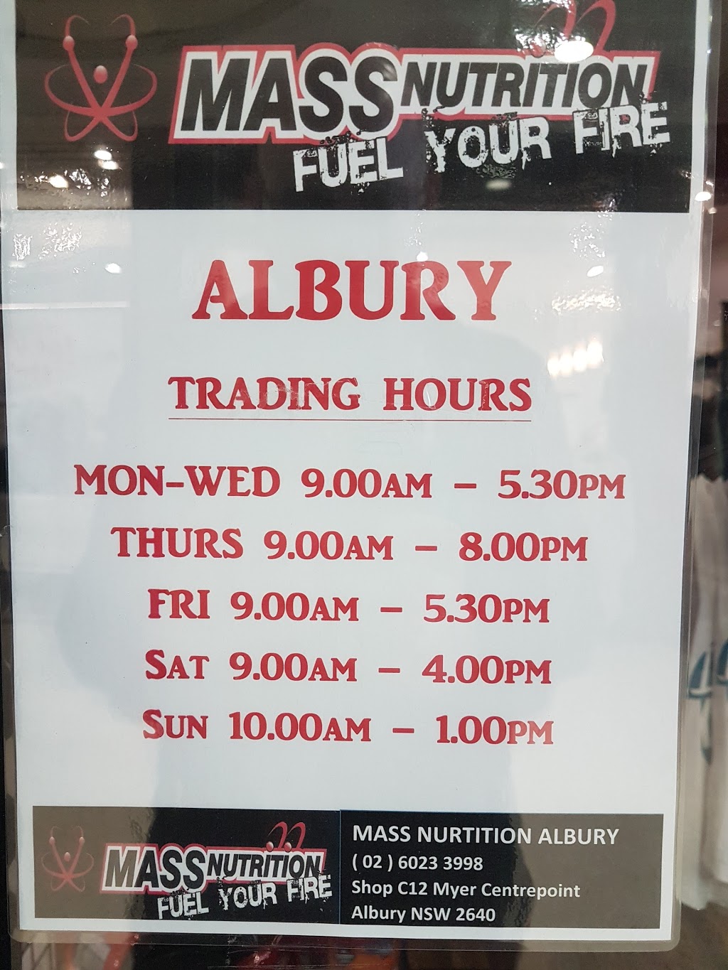 Mass Nutrition Albury | store | Myer Centrepoint, 525 David St, Albury NSW 2640, Australia | 0260233998 OR +61 2 6023 3998