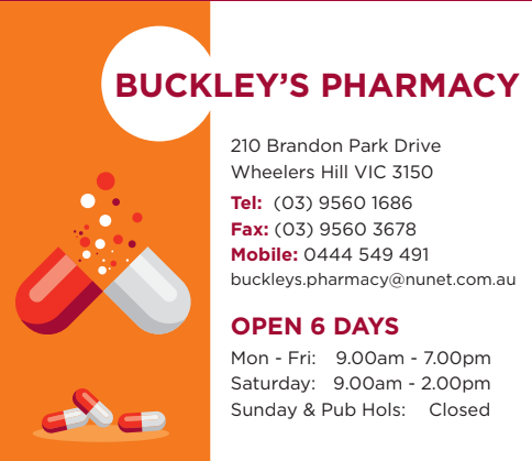 Buckleys Pharmacy | pharmacy | 210 Brandon Park Dr, Wheelers Hill VIC 3150, Australia | 0395601686 OR +61 3 9560 1686