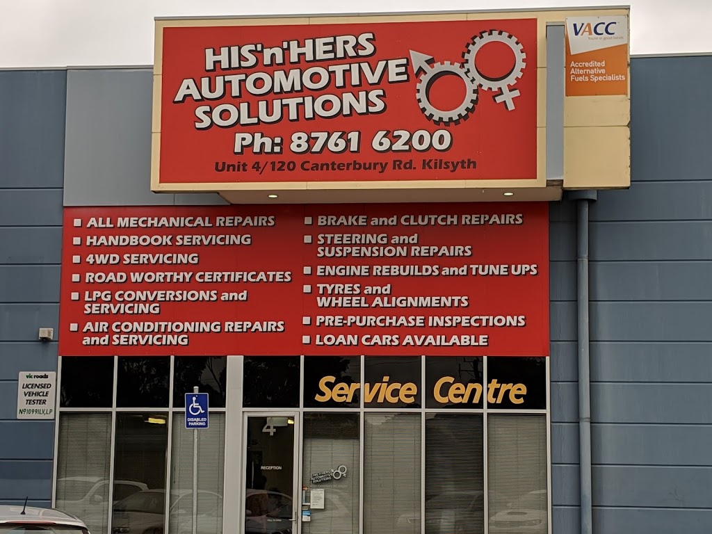 His N Hers Automotive Solutions | car repair | 4/120-122 Canterbury Rd, Kilsyth South VIC 3137, Australia | 0387616200 OR +61 3 8761 6200