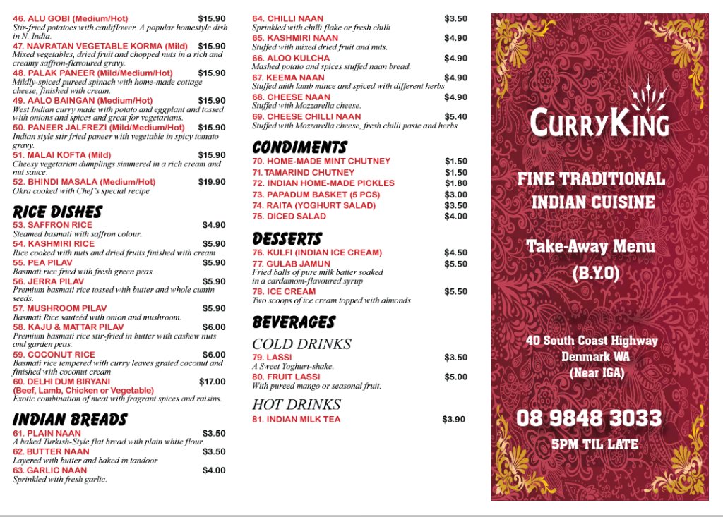 Curry King Indian Cuisine | restaurant | 40 South Coast Hwy, Denmark WA 6333, Australia | 0898483033 OR +61 8 9848 3033
