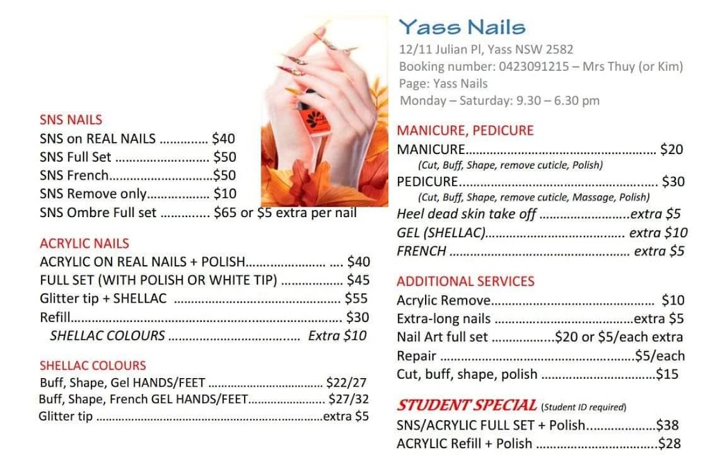 Yass Nails | beauty salon | 11 Julian Pl, Yass NSW 2582, Australia | 0423091215 OR +61 423 091 215