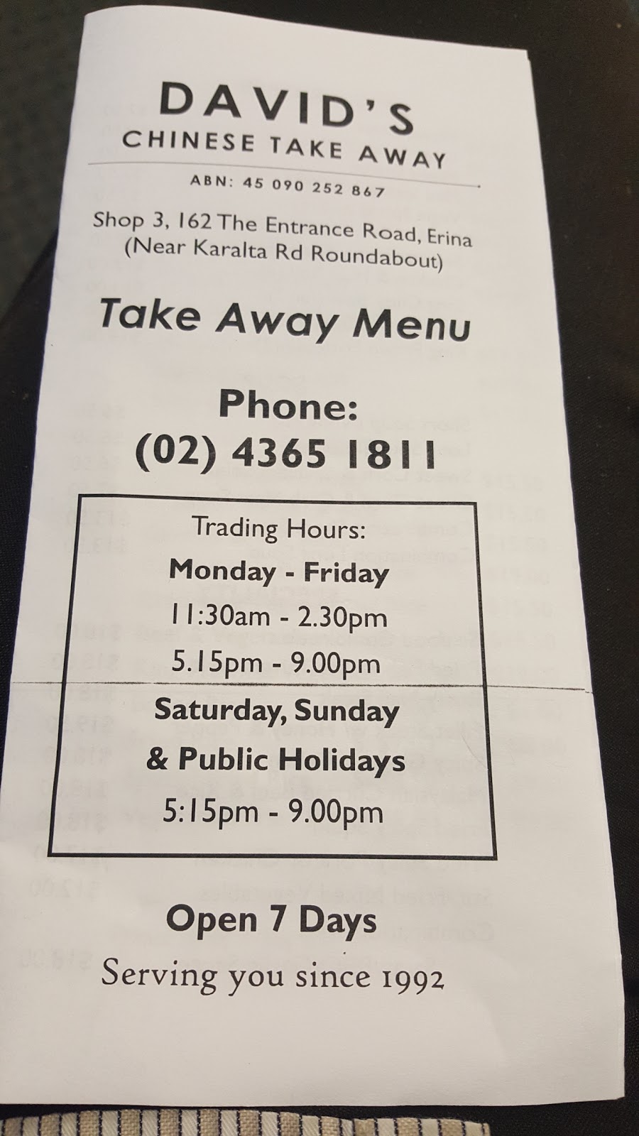 Davids Chinese Takeaway | meal takeaway | 162 The Entrance Rd, Erina NSW 2250, Australia | 0243651811 OR +61 2 4365 1811