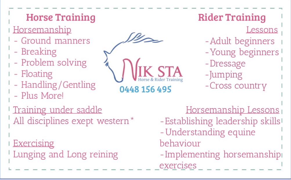 NikSta Horse & Rider Training |  | 672 Temby Rd, Two Wells SA 5501, Australia | 0412872432 OR +61 412 872 432