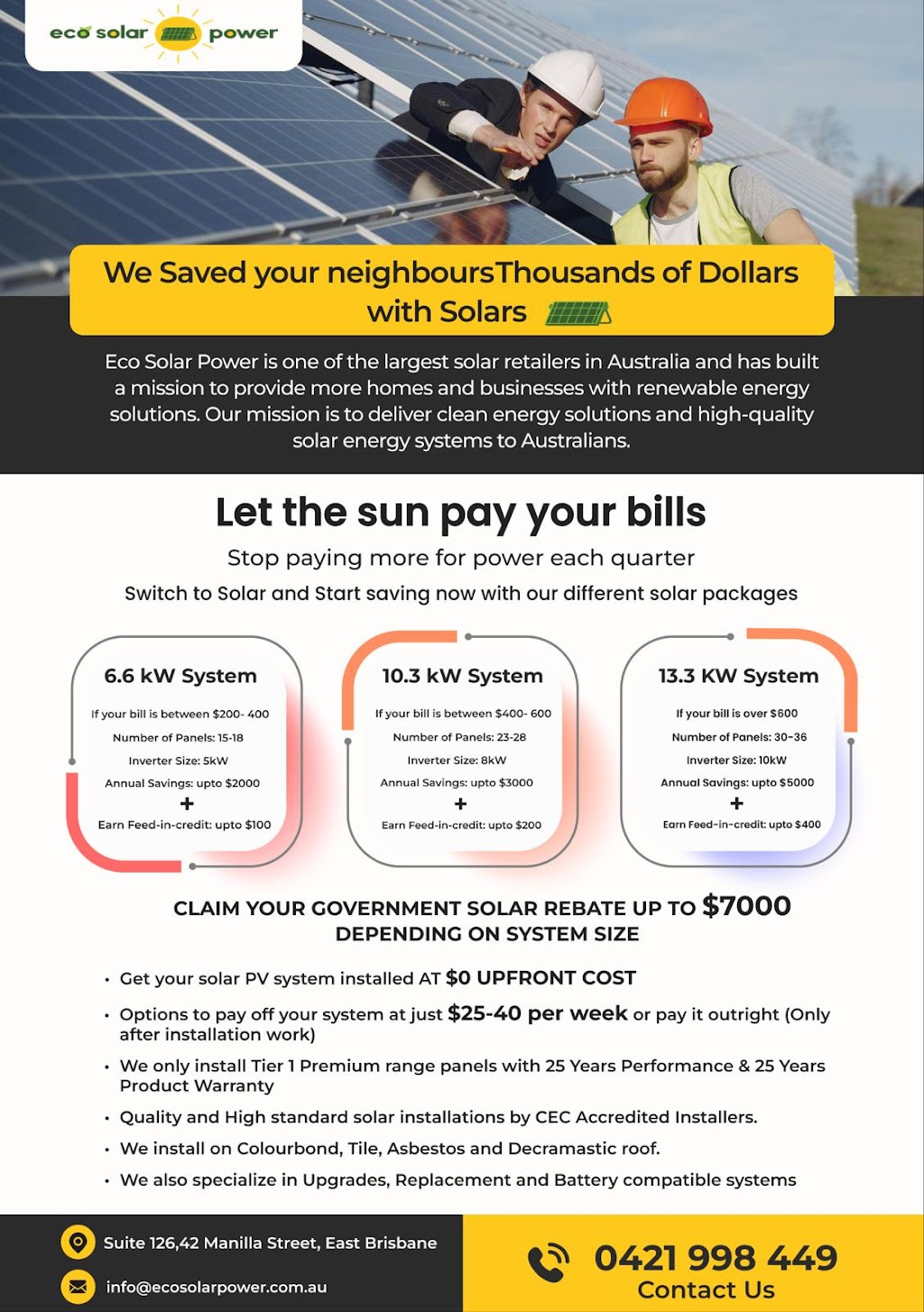 ECOSOLARPOWER REGIONAL OFFICE | 3 Mount Crosby St, Park Ridge QLD 4125, Australia | Phone: 0421 998 449