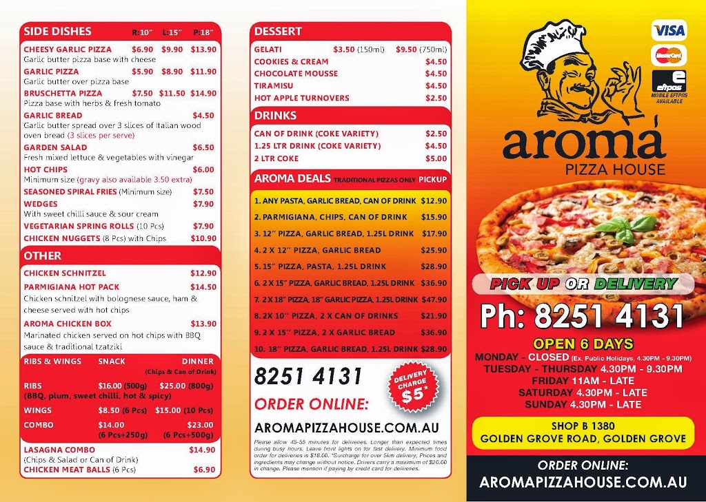 Aromas Pizza House Golden Grove | meal delivery | 1380 Golden Grove Rd, Golden Grove SA 5125, Australia | 0882514131 OR +61 8 8251 4131