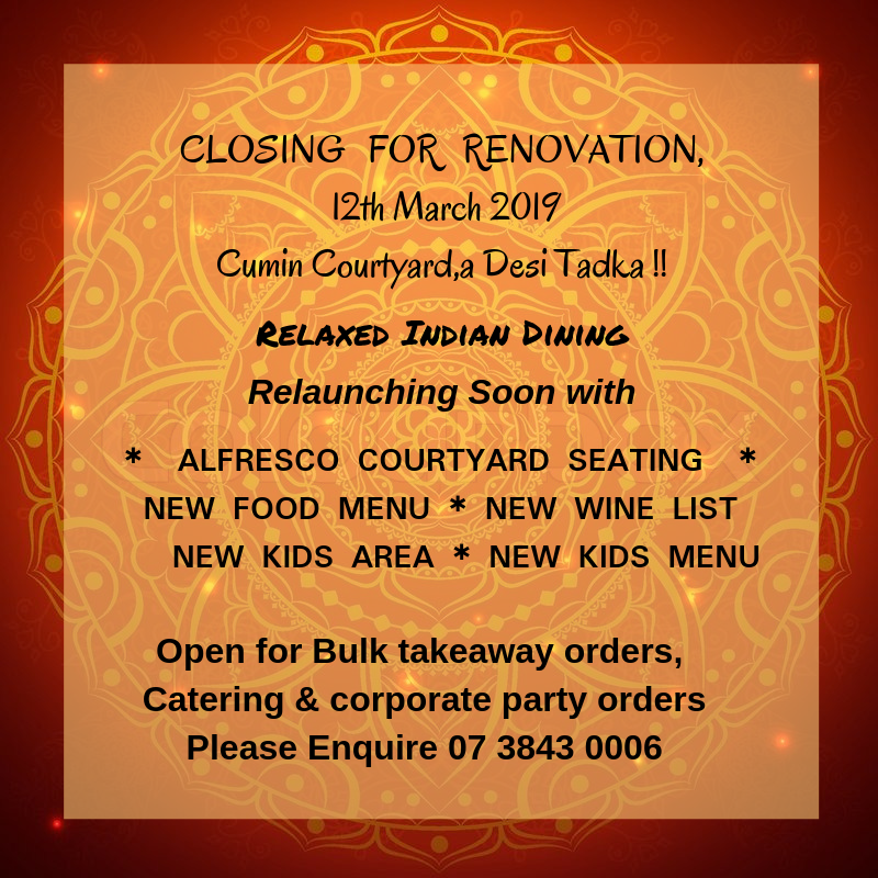 Cumin Courtyard- Closed for renovations | restaurant | 875 Old Cleveland Rd, Carina QLD 4152, Australia | 0738430006 OR +61 7 3843 0006