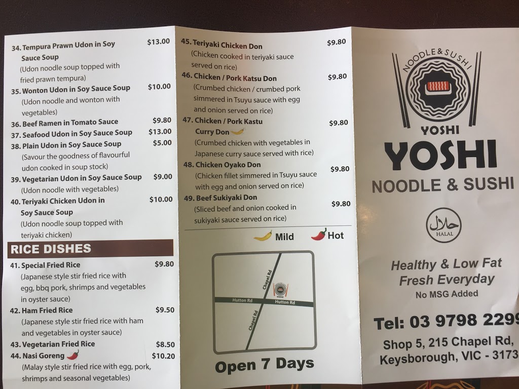 Yoshi Noodle & Sushi | restaurant | South Shopping, Centre, 211-215 Chapel Rd, Keysborough VIC 3173, Australia | 0397982299 OR +61 3 9798 2299