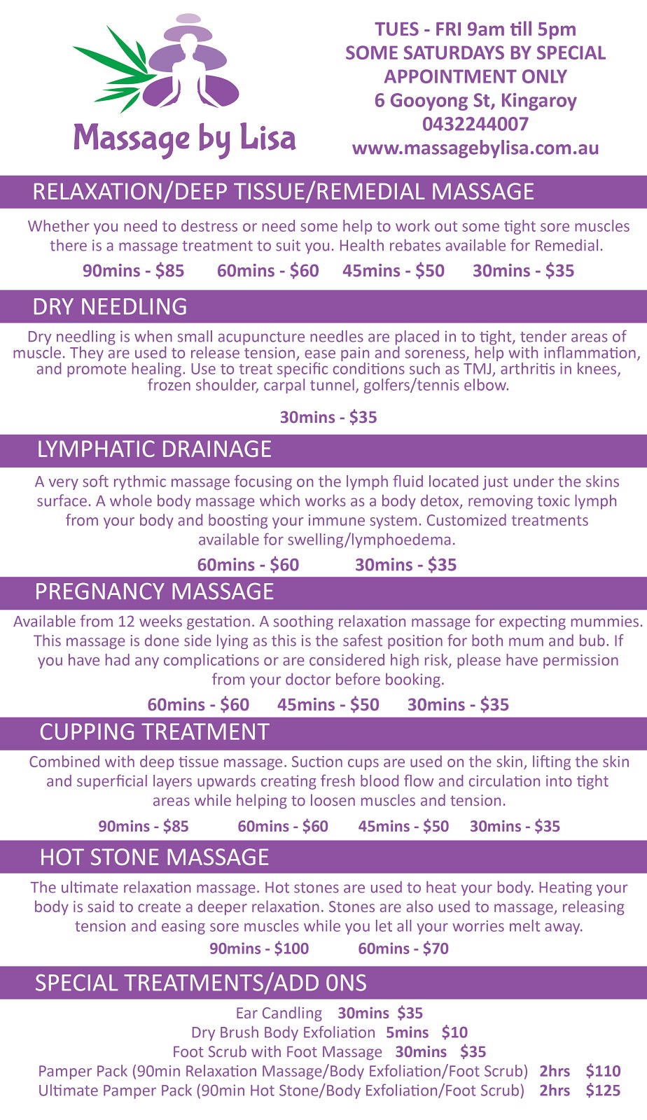 Massage by Lisa | 6 Gooyong St, Kingaroy QLD 4610, Australia | Phone: 0432 244 007