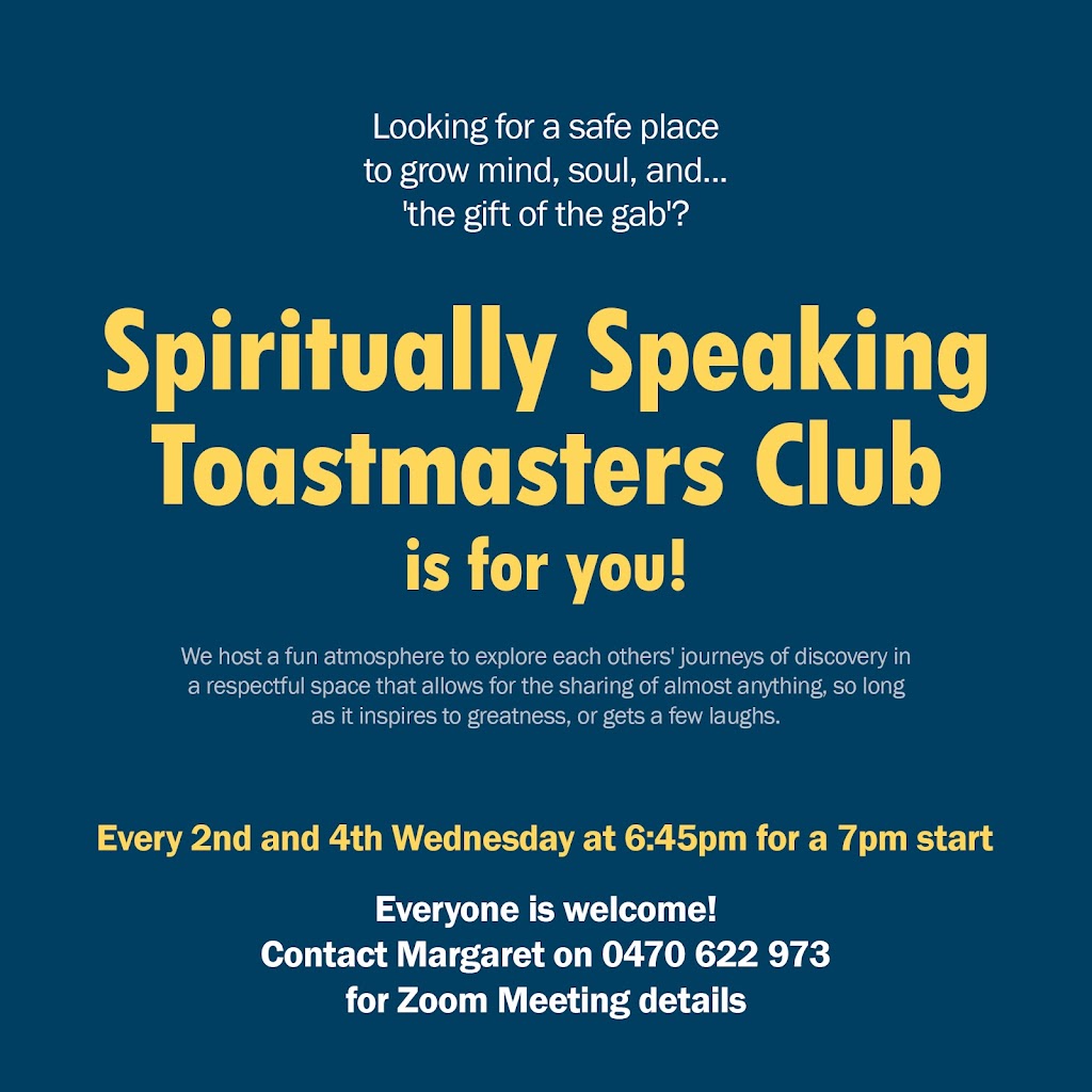 Spiritually Speaking Toastmasters Club |  | 401 Greenhill Rd, Tusmore SA 5065, Australia | 0470622973 OR +61 470 622 973