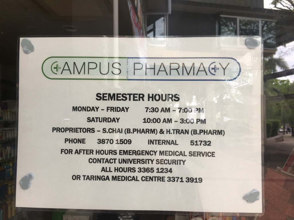 Campus Pharmacy University of QLD | pharmacy | Union Building, 7 Campbell Rd, St Lucia QLD 4068, Australia | 0738701509 OR +61 7 3870 1509