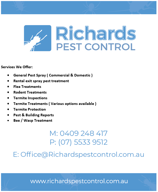 Richards Pest Control | home goods store | 2 Jenley Ct, Upper Coomera QLD 4209, Australia | 0755339512 OR +61 7 5533 9512