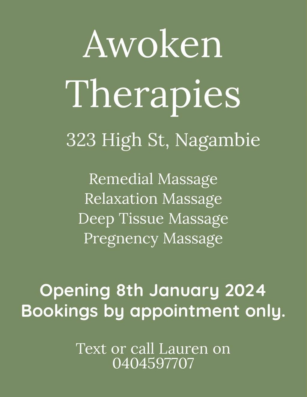 Awoken Therapies Massage | 323 High St, Nagambie VIC 3608, Australia | Phone: 0404 597 707