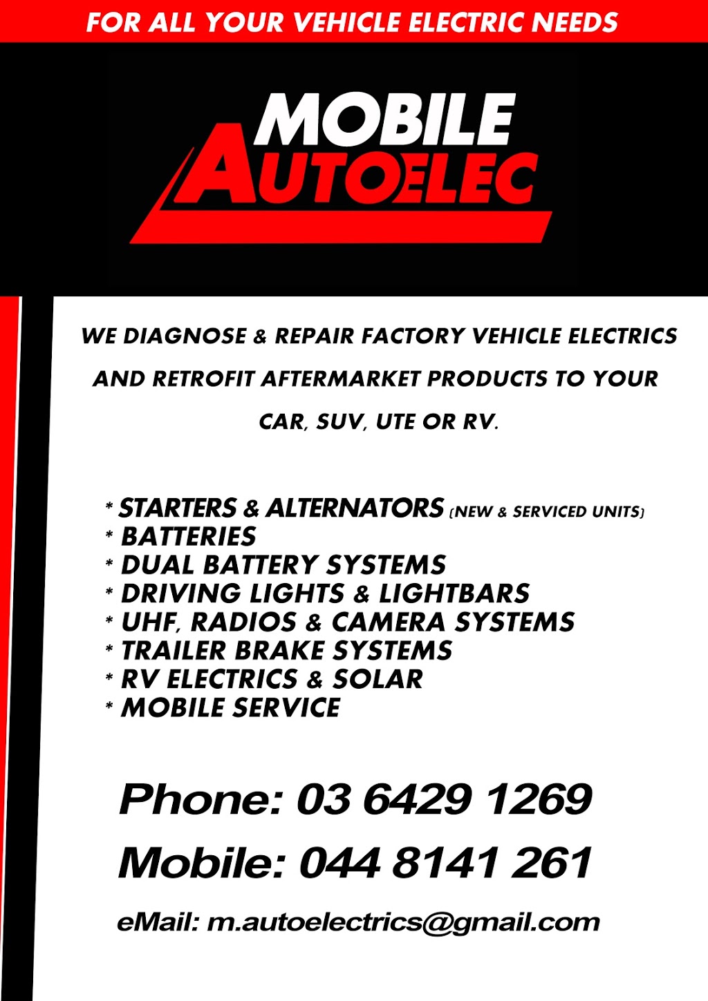Mobile AutoElec | car repair | Preston-Castra Rd, Preston TAS 7315, Australia | 0448141261 OR +61 448 141 261