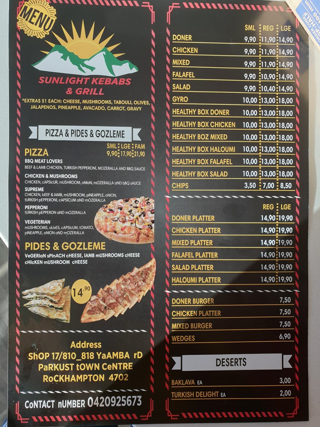 Sunlight Kebab & Pizza | meal takeaway | Shop 17/810-818 Yaamba Rd, Parkhurst QLD 4702, Australia | 0420925673 OR +61 420 925 673