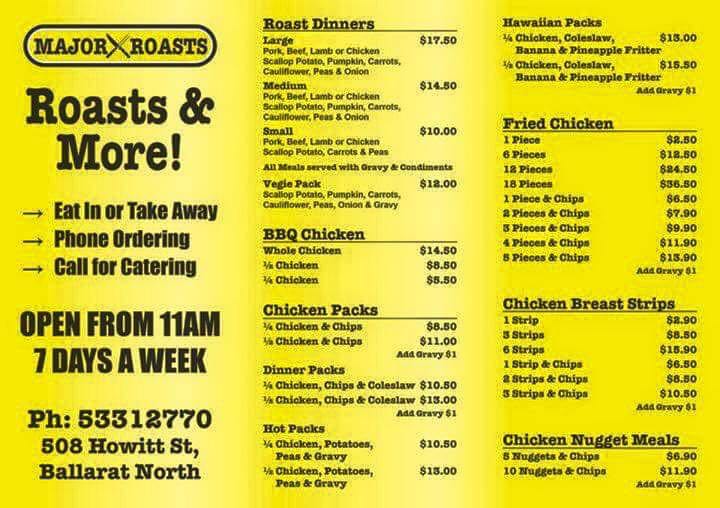 Major Roasts | meal takeaway | 508 Howitt Street, Ballarat North VIC 3350, Australia | 0353312770 OR +61 3 5331 2770