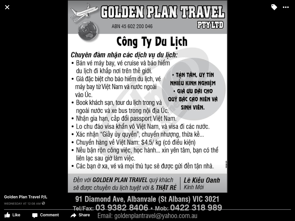 Golden Plan Travel | travel agency | 91 Diamond Ave, Albanvale VIC 3021, Australia | 0422318989 OR +61 422 318 989