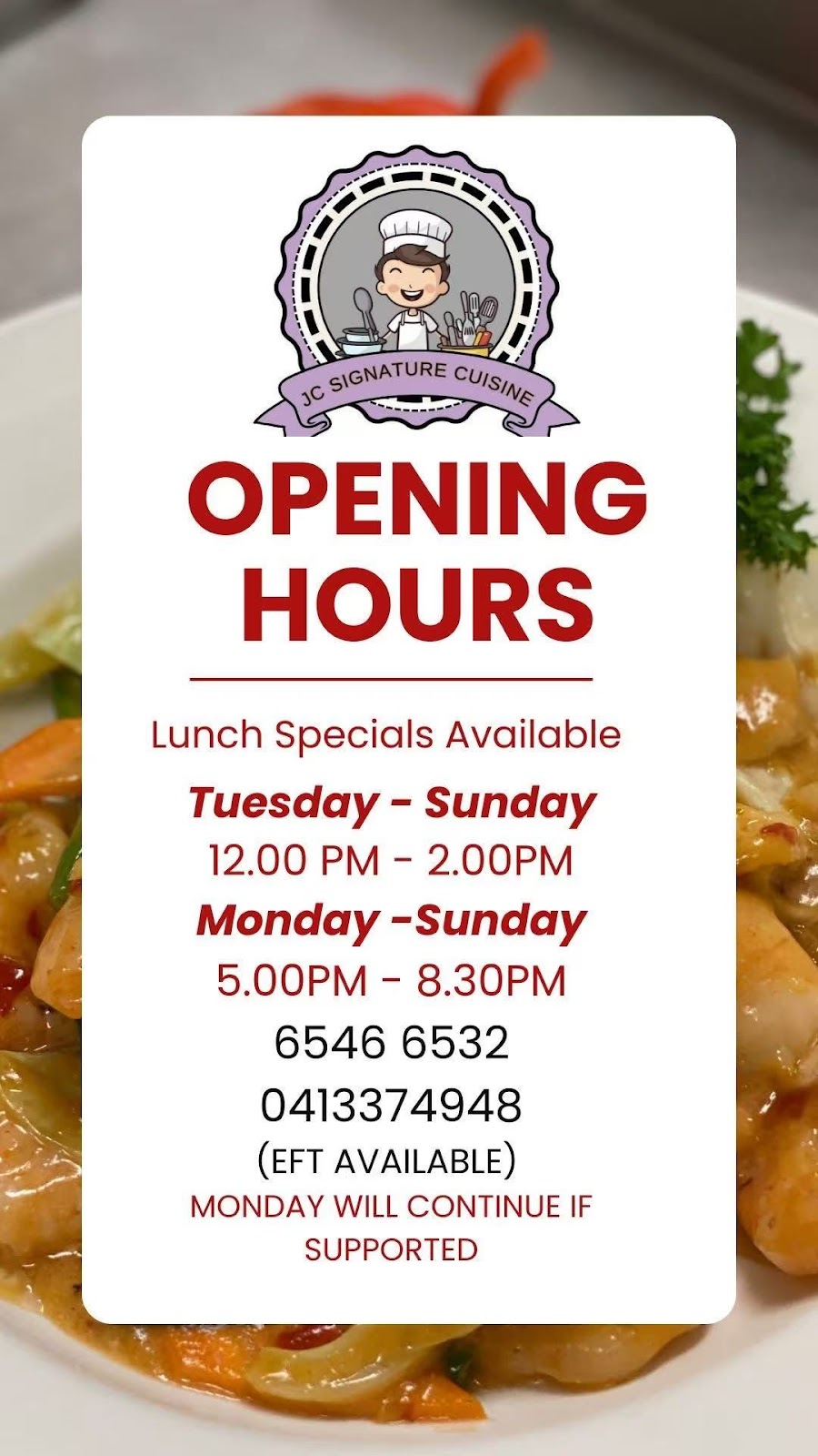 JC Signature Cuisine | 131 Mayne St, Murrurundi NSW 2338, Australia | Phone: 0461 410 498