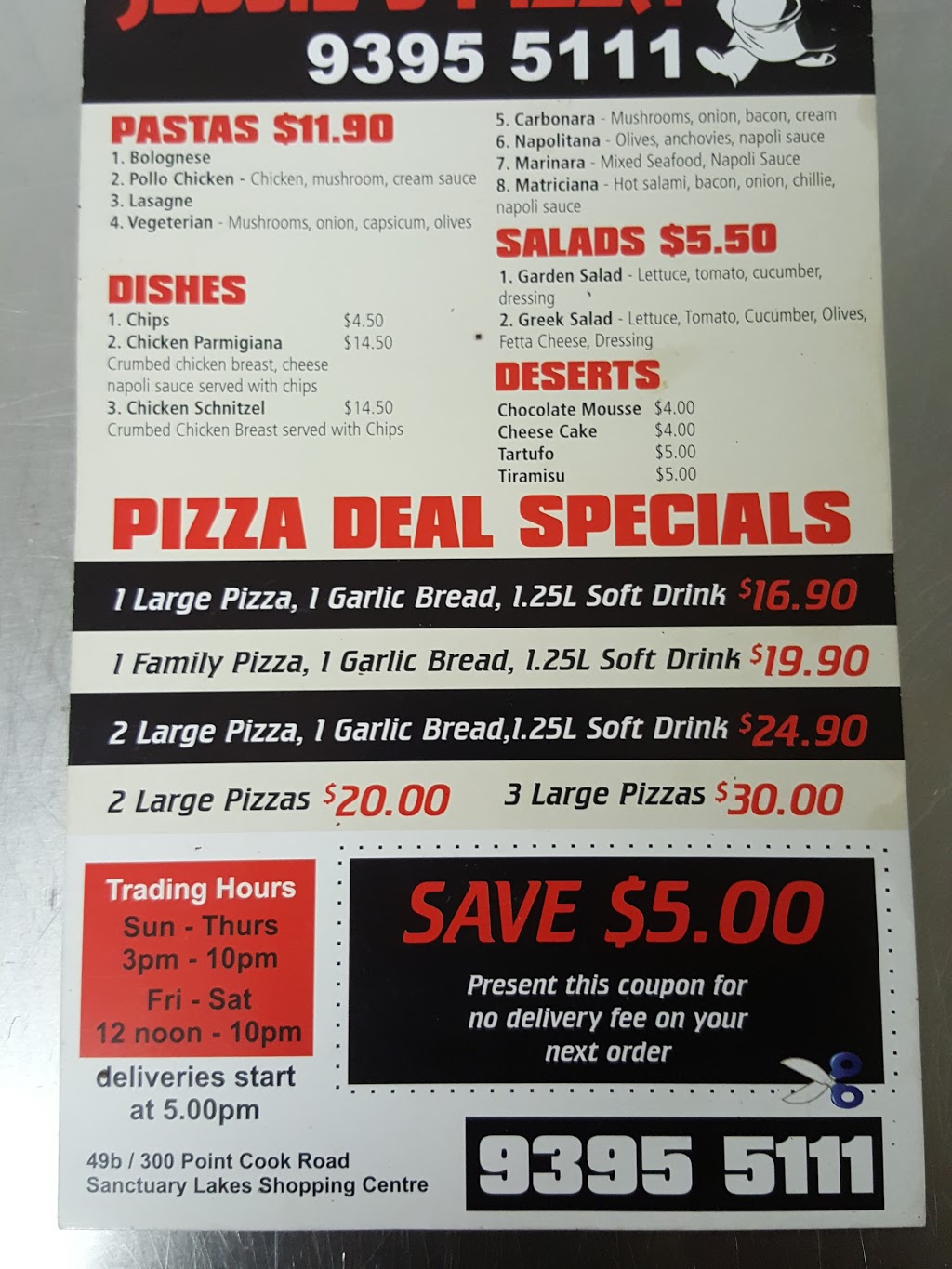 Jessies Pizza | restaurant | Sanctuary Lakes Shopping Centre, 49b/300 Point Cook Rd, Point Cook VIC 3030, Australia | 0393955111 OR +61 3 9395 5111