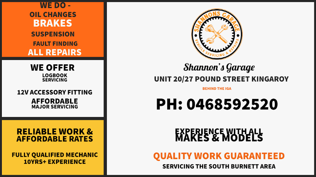 Shannons Garage | car repair | Unit 20A/27 Pound St, Kingaroy QLD 4610, Australia | 0741790035 OR +61 7 4179 0035
