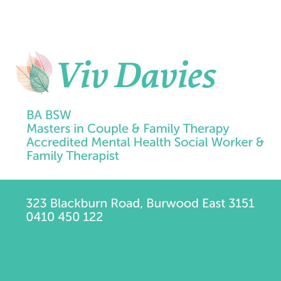 Viv Davies Counselling | health | 323 Blackburn Rd, Burwood East VIC 3151, Australia | 0410450122 OR +61 410 450 122