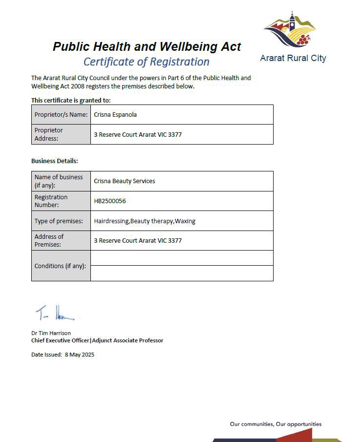 Crisna Beauty Services - Ararat | 3 Reserve Court, Ararat VIC 3377, Australia | Phone: 0493 263 746