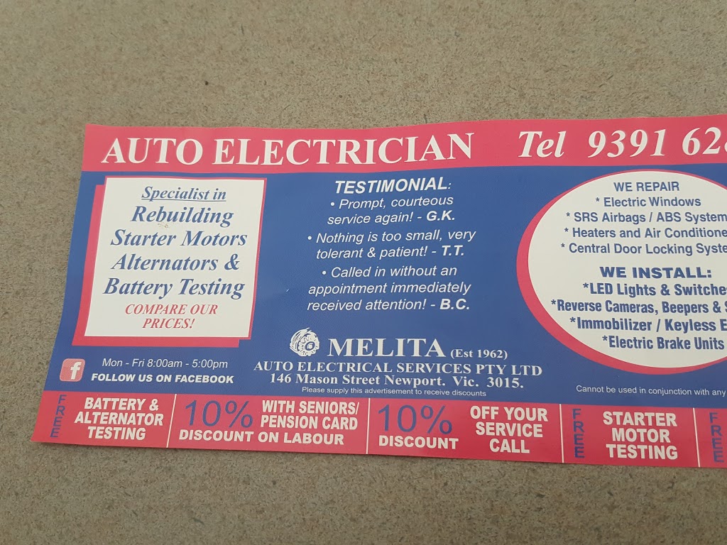 Melita Auto Electrical Services PTY LTD | car repair | 146 Mason St, Newport VIC 3015, Australia | 0393916283 OR +61 3 9391 6283