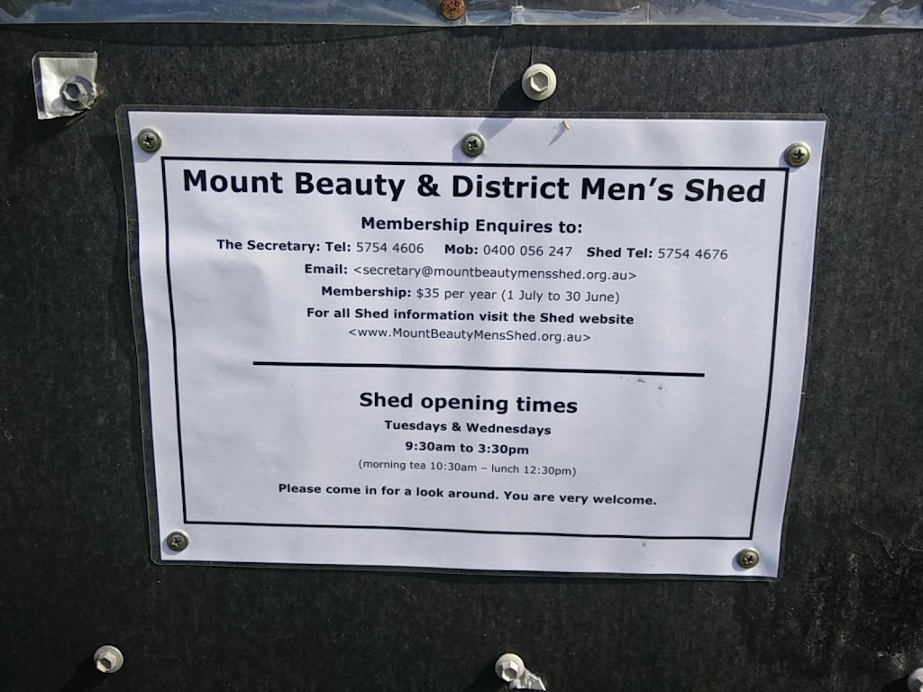 Mens Shed | point of interest | Mt Beauty Pondage Path, Mount Beauty VIC 3699, Australia | 0400056247 OR +61 400 056 247