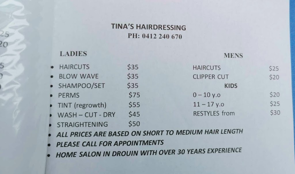 Tinas Hairdressing Drouin | 60 Bexley Blvd, Drouin VIC 3818, Australia | Phone: 0412 240 670