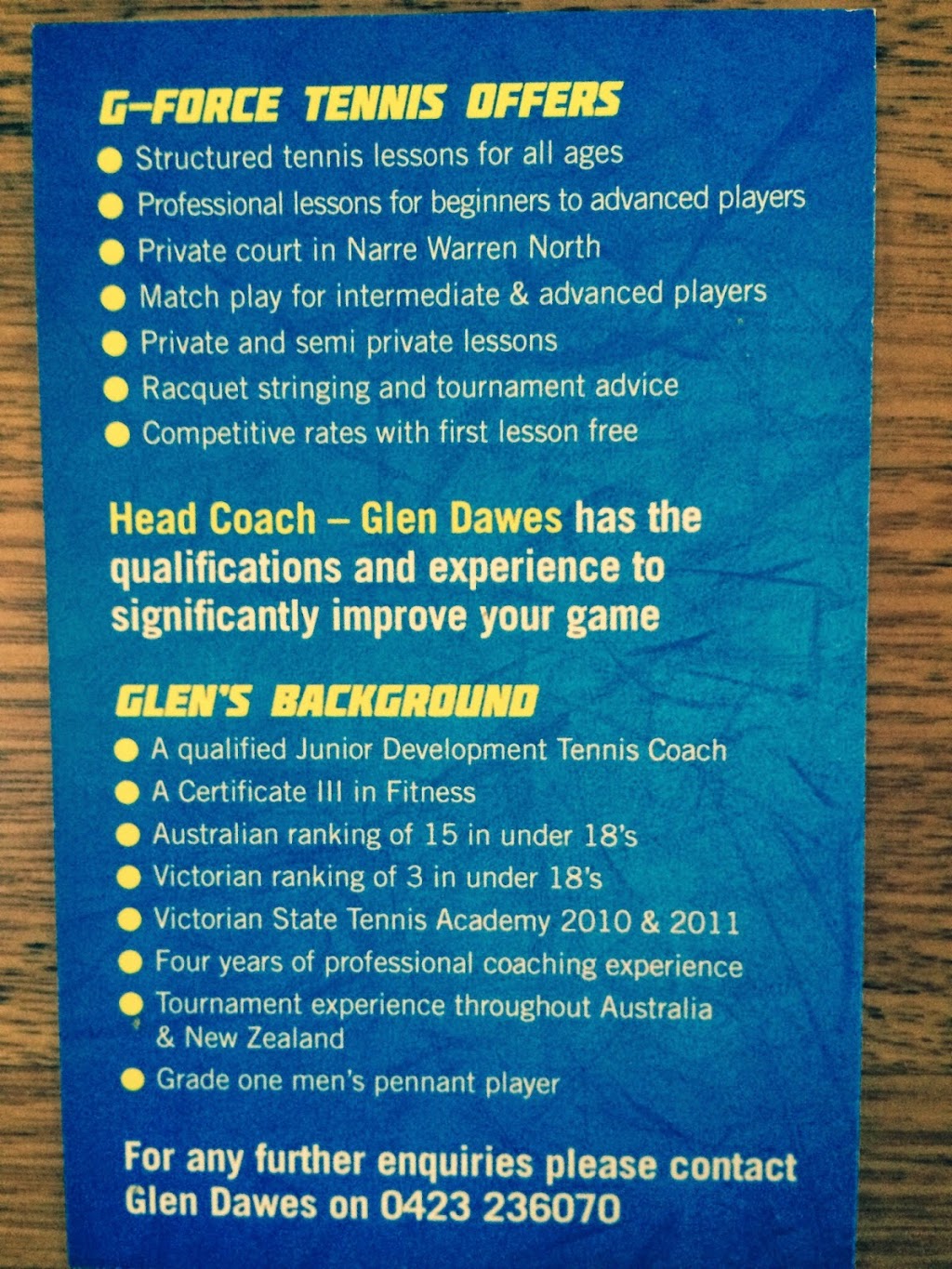 G Force Tennis Coaching | health | 15 Carolyn Cl, Narre Warren North VIC 3804, Australia | 0423236070 OR +61 423 236 070