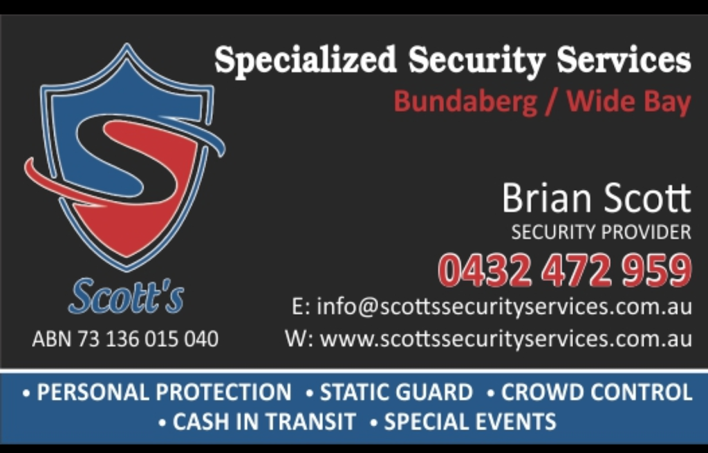 SCOTTS SPECIALIZED SECURITY SERVICES | Shed 4/9 Von Deest St, Branyan QLD 4670, Australia | Phone: (07) 4155 1798