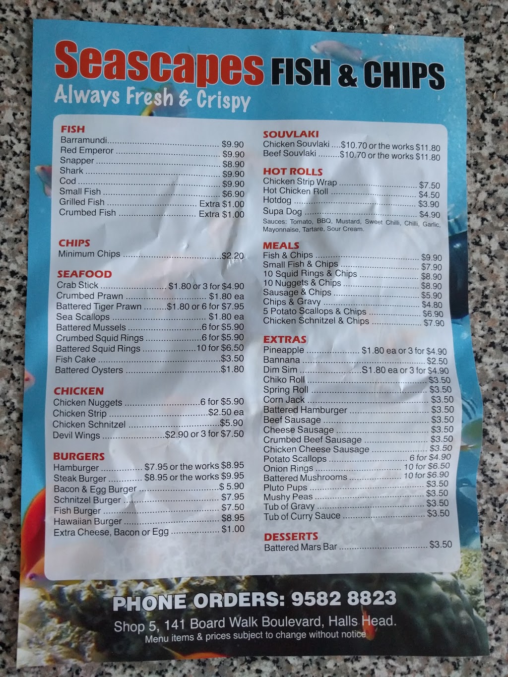 Seascapes Fish and Chips | meal takeaway | 5/141 Seascapes Blvd, Halls Head WA 6210, Australia | 0895828823 OR +61 8 9582 8823