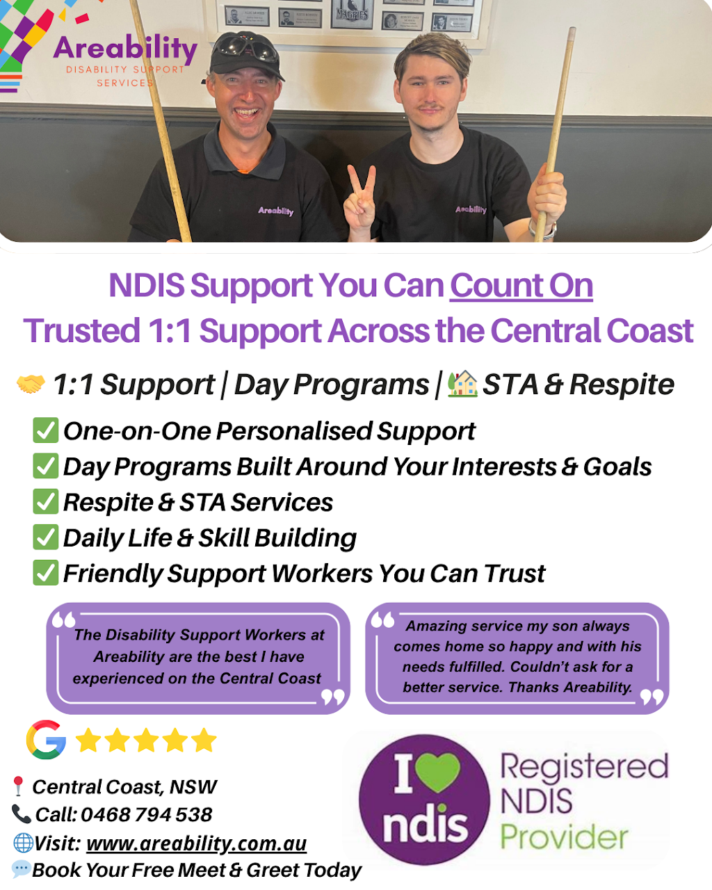 Areability Disability Support Services | 64 The Ridgeway, Lisarow NSW 2250, Australia | Phone: 0468 794 538