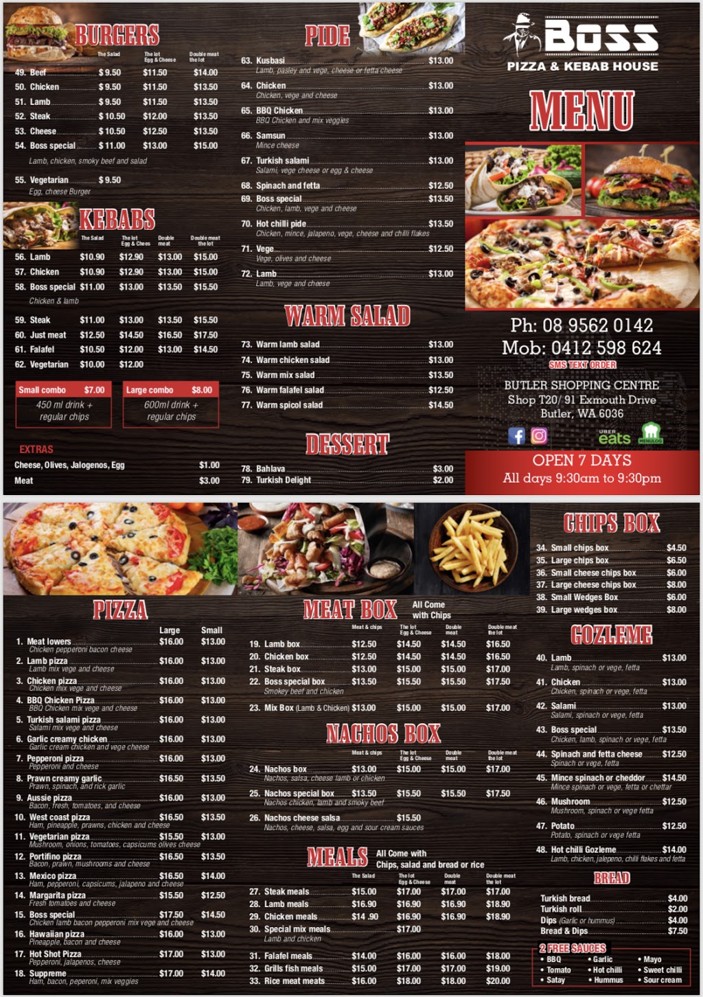 Boss Pizza & Kebab House | restaurant | 91 Exmouth Dr, Butler WA 6036, Australia | 0895620142 OR +61 8 9562 0142
