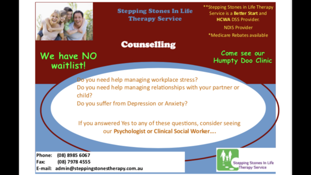 Stepping Stones in Life Therapy Service | health | 11 Marsh St, Millner NT 0810, Australia | 0889856067 OR +61 8 8985 6067