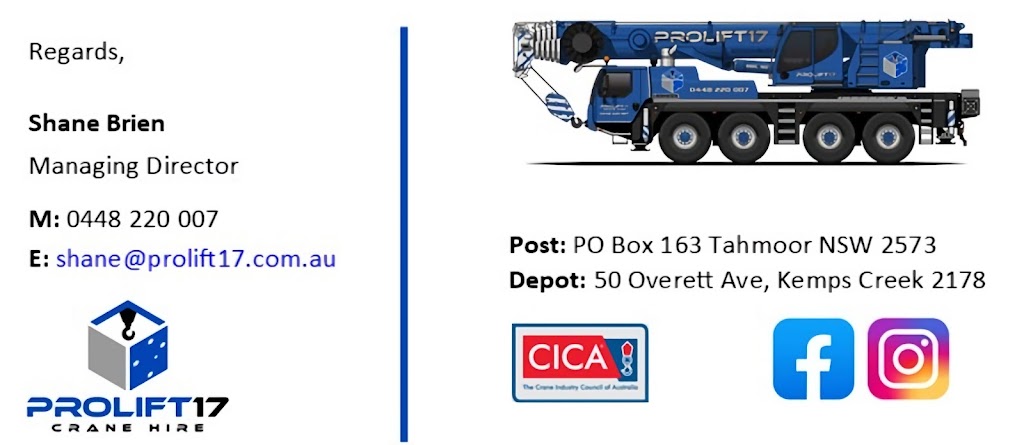 Prolift17 Crane Hire | 50 Overett Ave, Kemps Creek NSW 2178, Australia | Phone: 0448 220 007